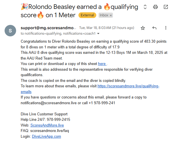 sample qualifying score email